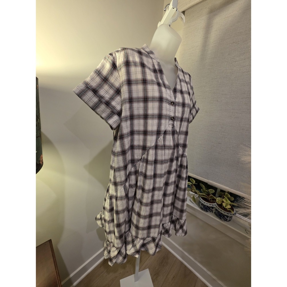 Crinkle Cotton Plaid Babydoll Midi Dress S Brown/White Boho Beachy NWOT - Picture 12 of 16